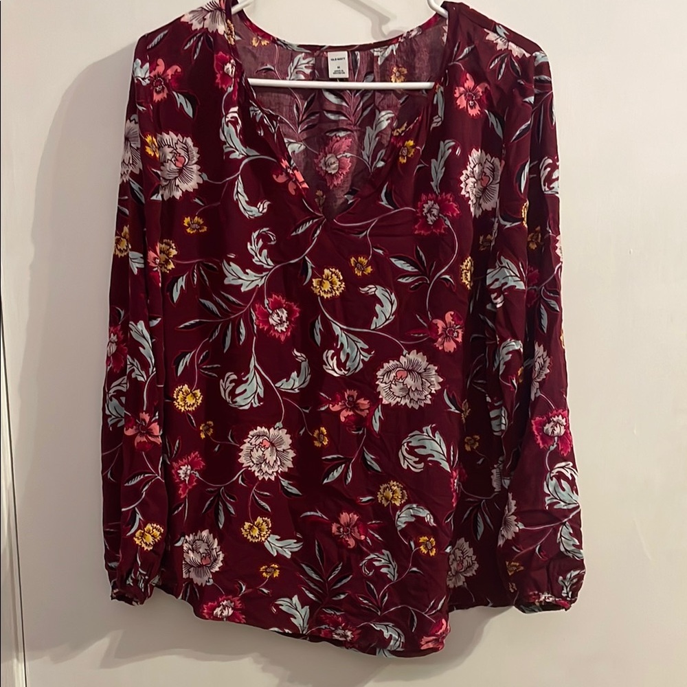 Old Navy Burgundy Long Sleeve Floral Blouse